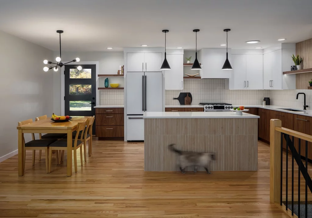 Open plan kitchen with center island and eating area